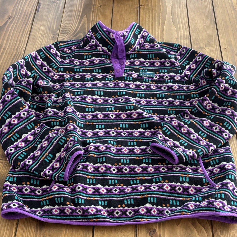 L.L. Bean Black, Purple and Teal Patterned Women's Zip-Up Sweater